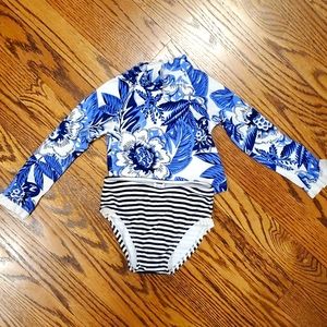 Janie and Jack Floral Striped Rash Guard 2 Piece Set Blue and White 12-18 Months